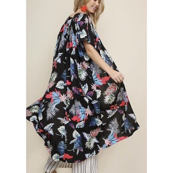 Umgee Tropical Kimono Cover Up Womens Large Black Open Front Long Duster Boho - Picture 1 of 13